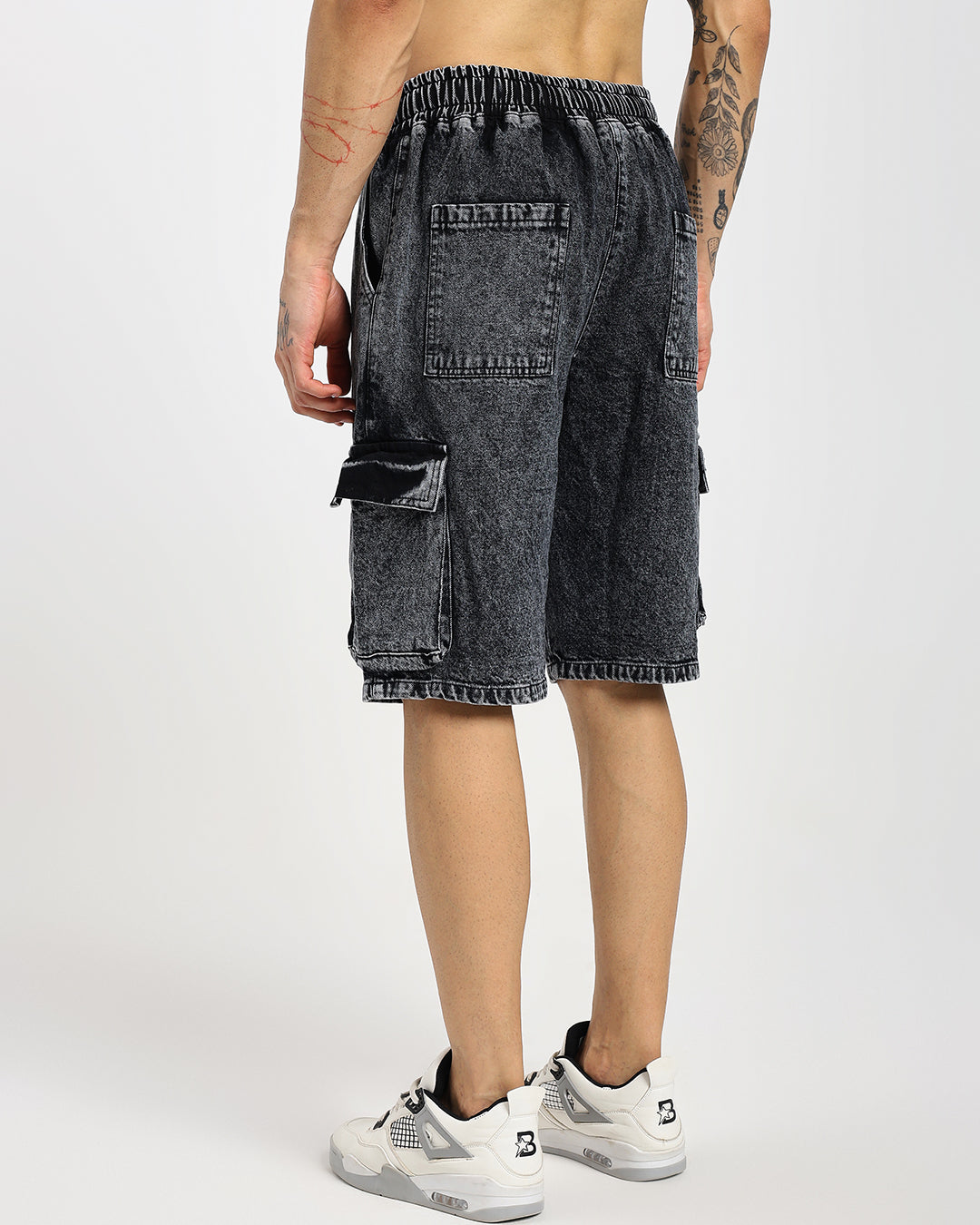 Acid-wash black cargo denim shorts