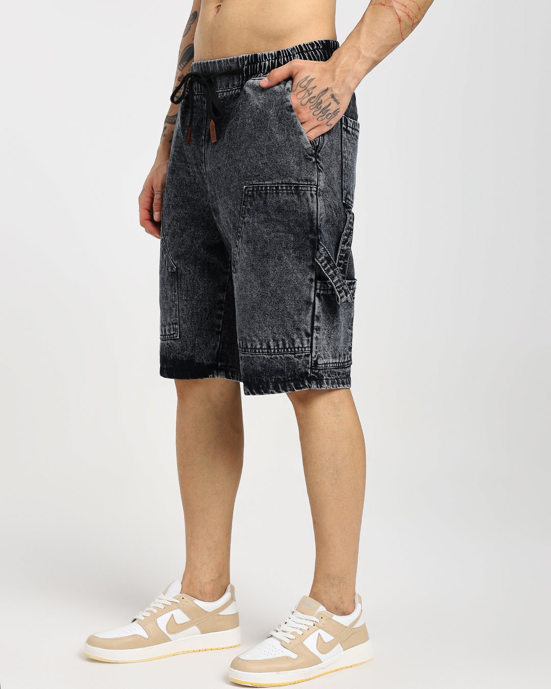 Acid-Wash Black Carp Denim Shorts