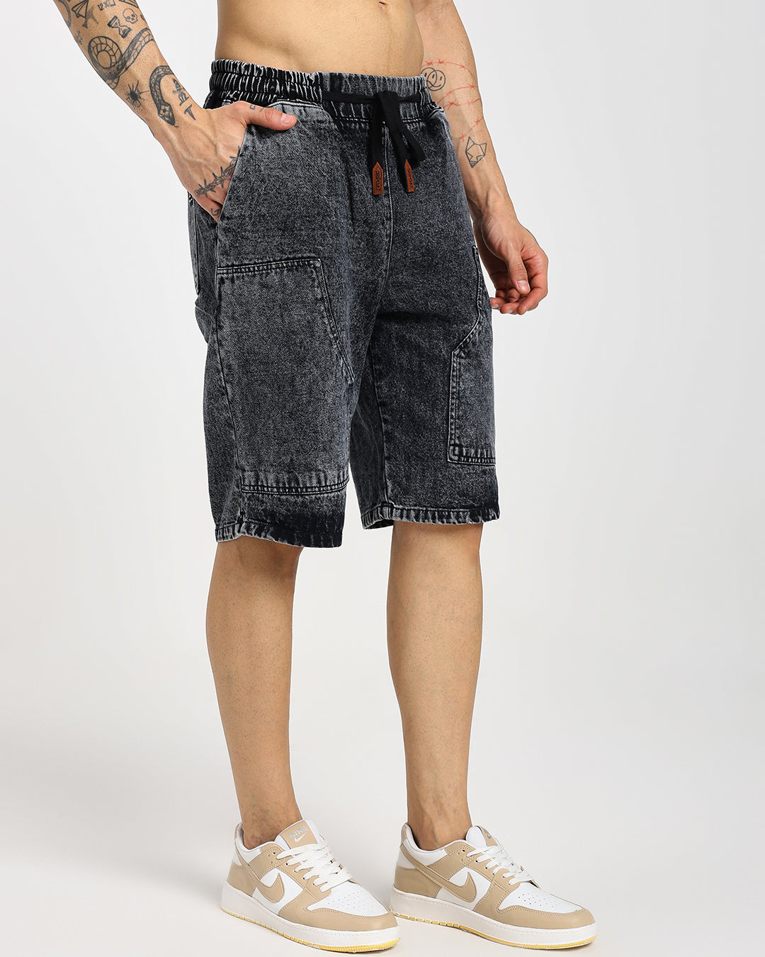 Acid-Wash Black Carp Denim Shorts