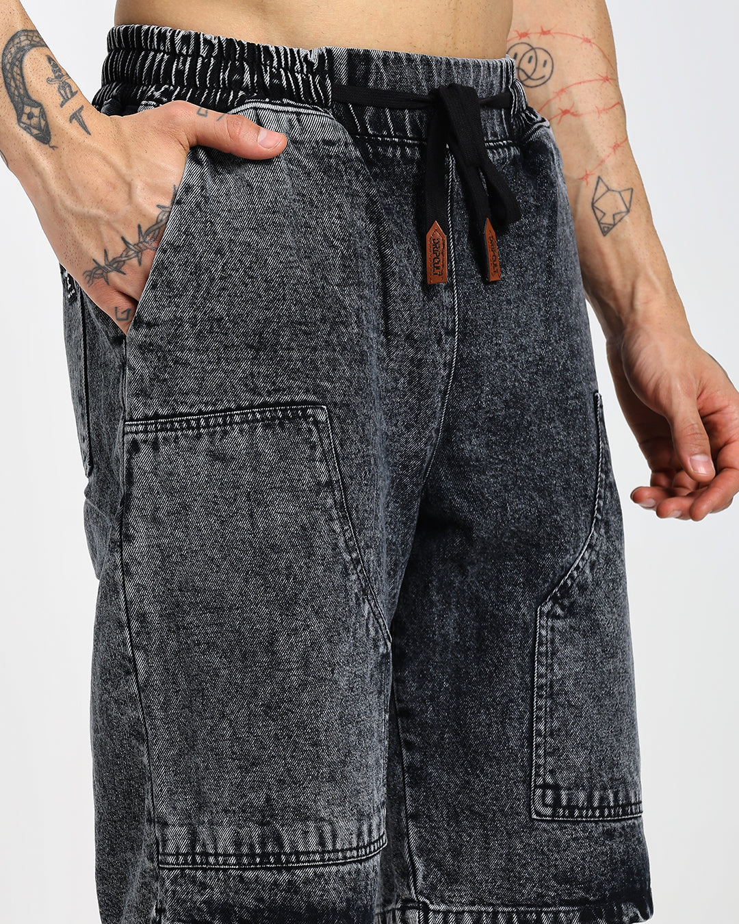 Acid-Wash Black Carp Denim Shorts