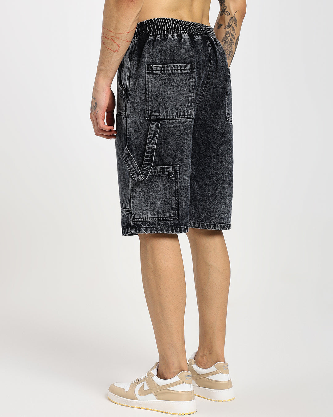 Acid-Wash Black Carp Denim Shorts