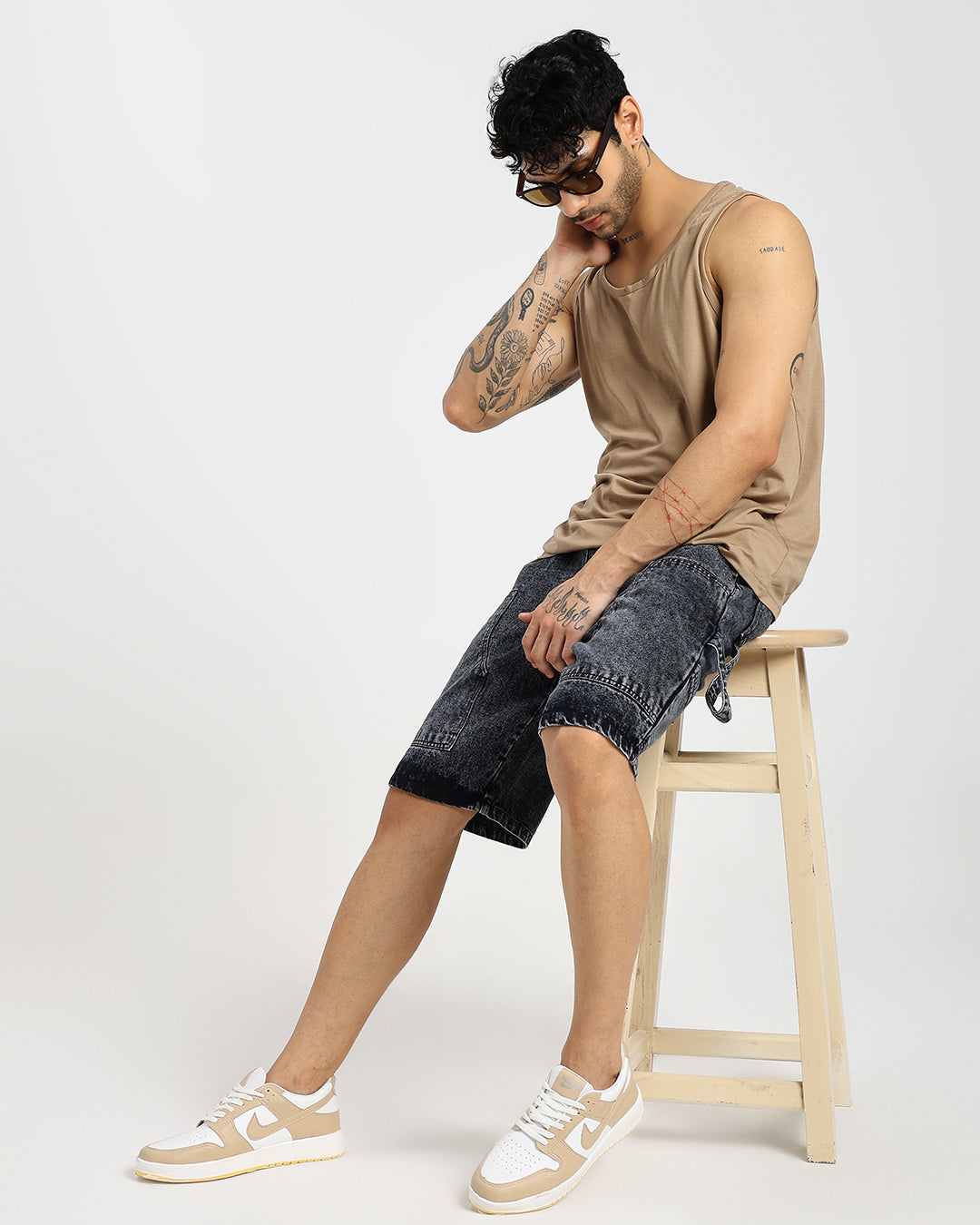 Acid-Wash Black Carp Denim Shorts