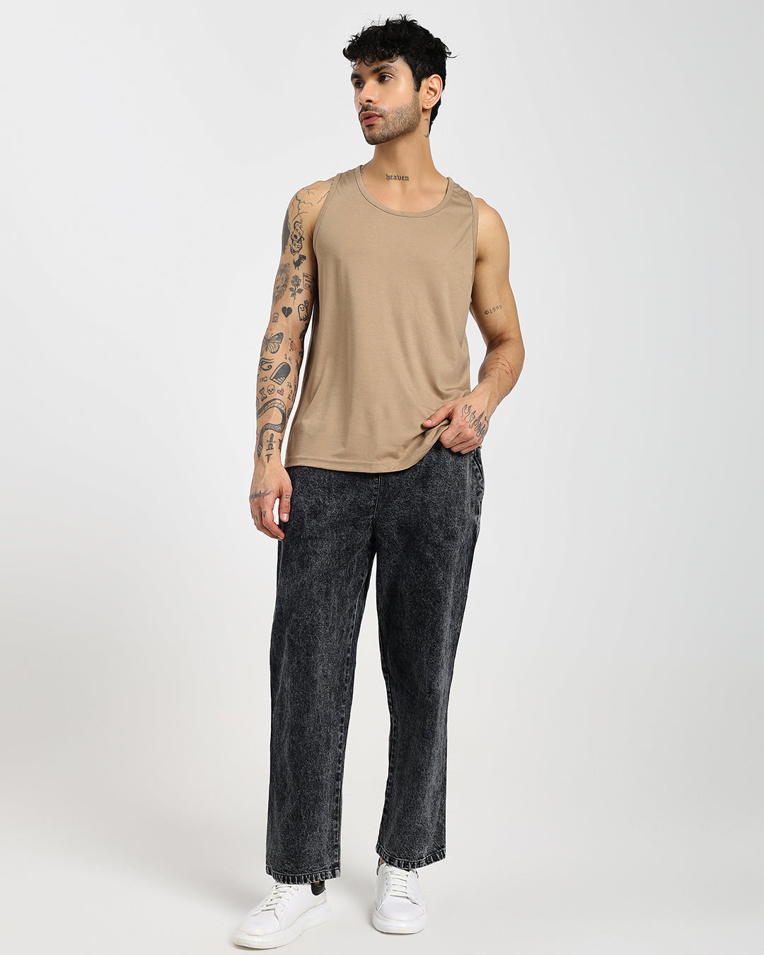 Acid-wash straight black denim pants