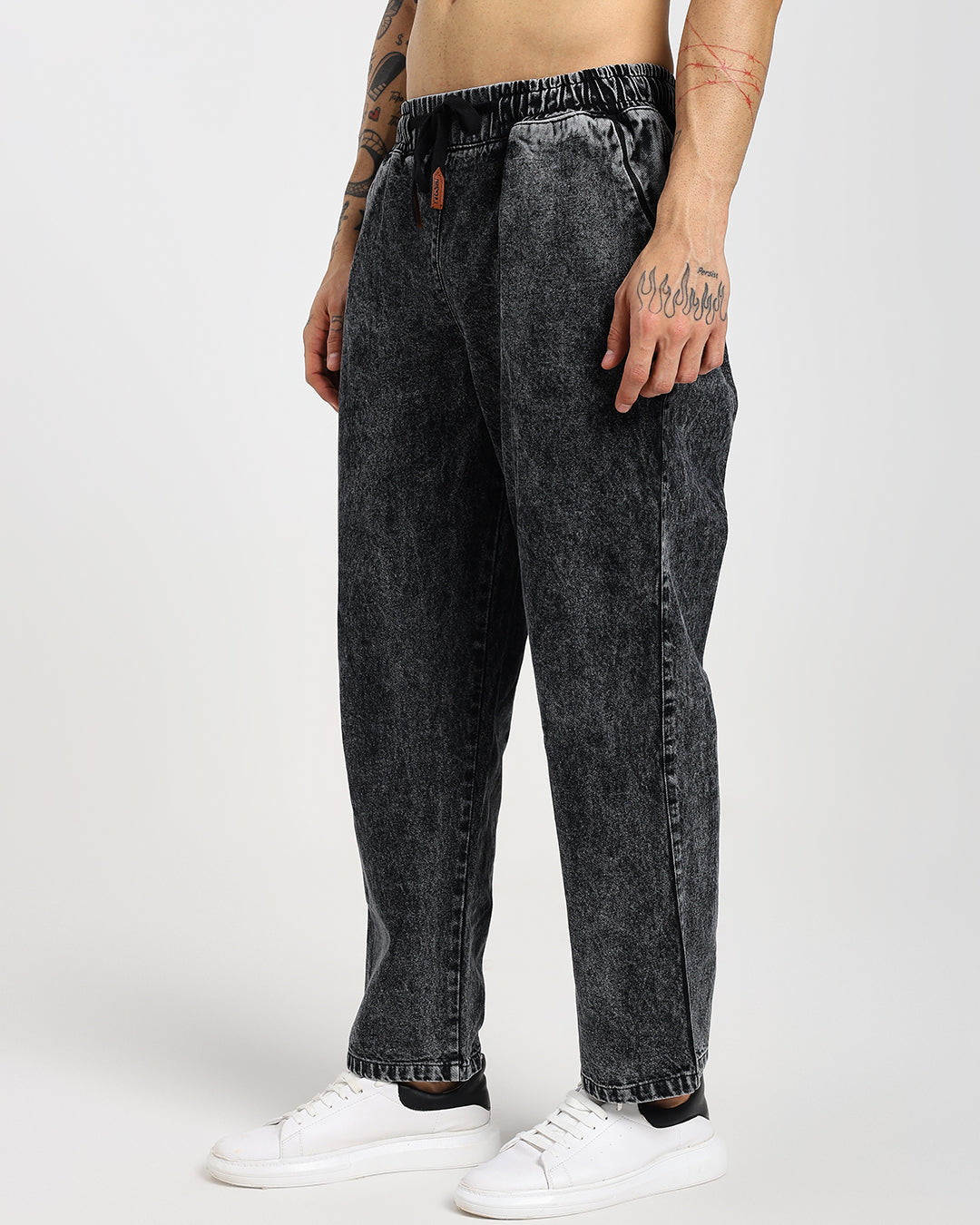 Acid-wash straight black denim pants