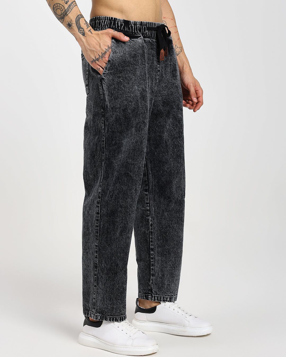 Acid-wash straight black denim pants