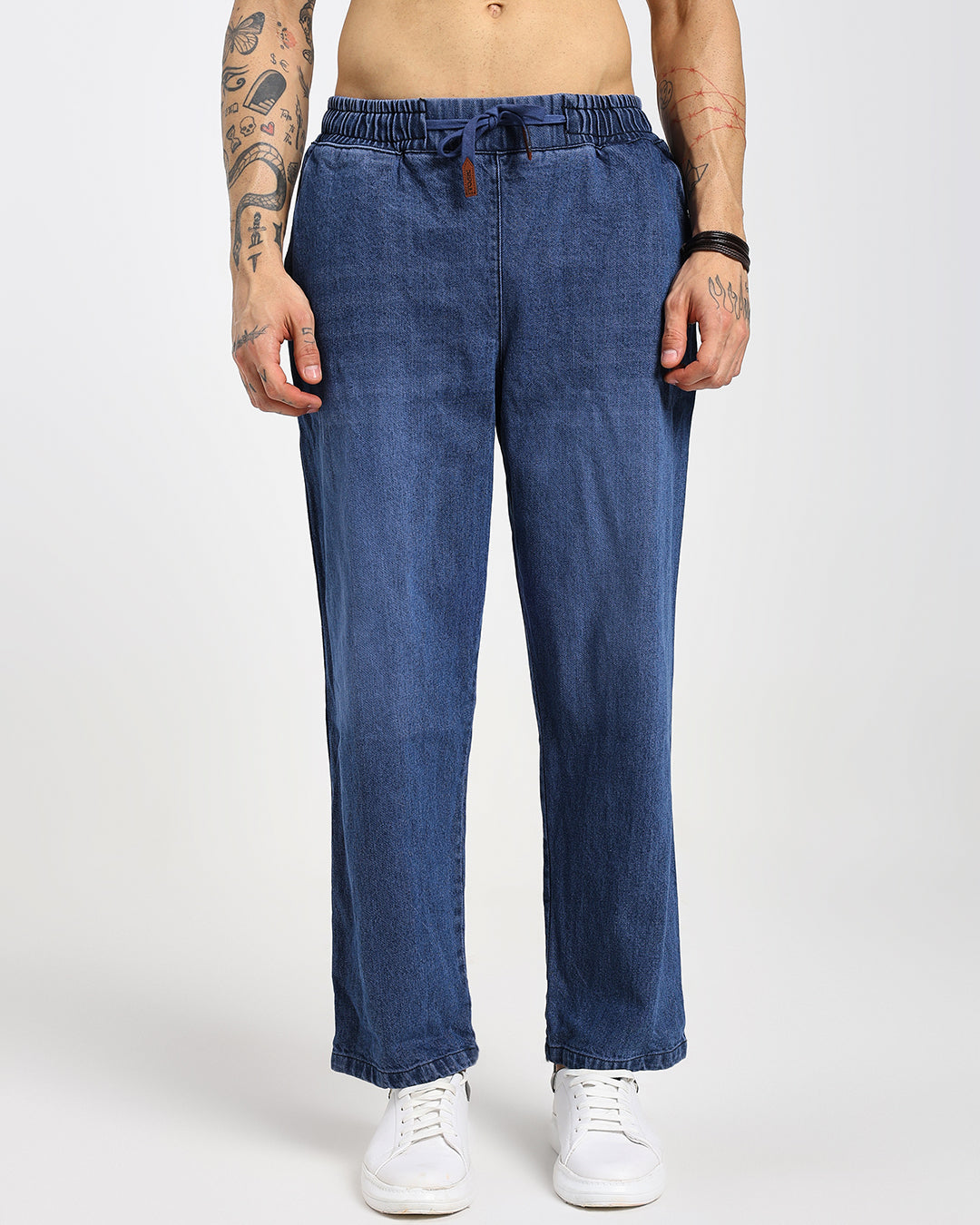 Acid-wash straight blue denim pants