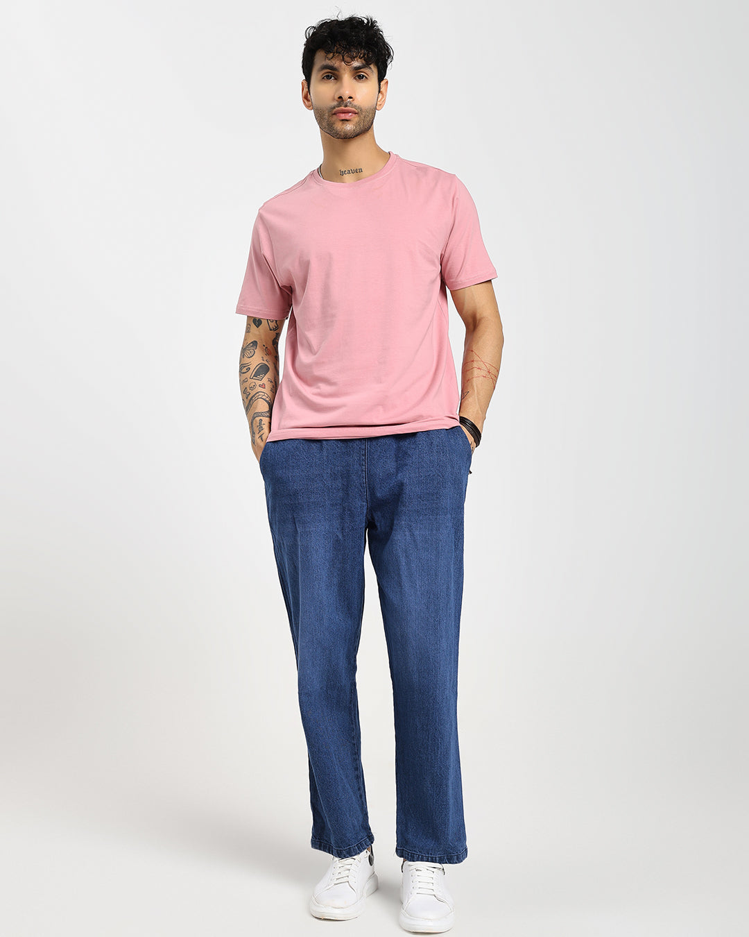 Acid-wash straight blue denim pants