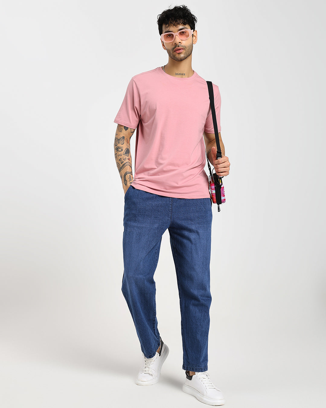 Acid-wash straight blue denim pants