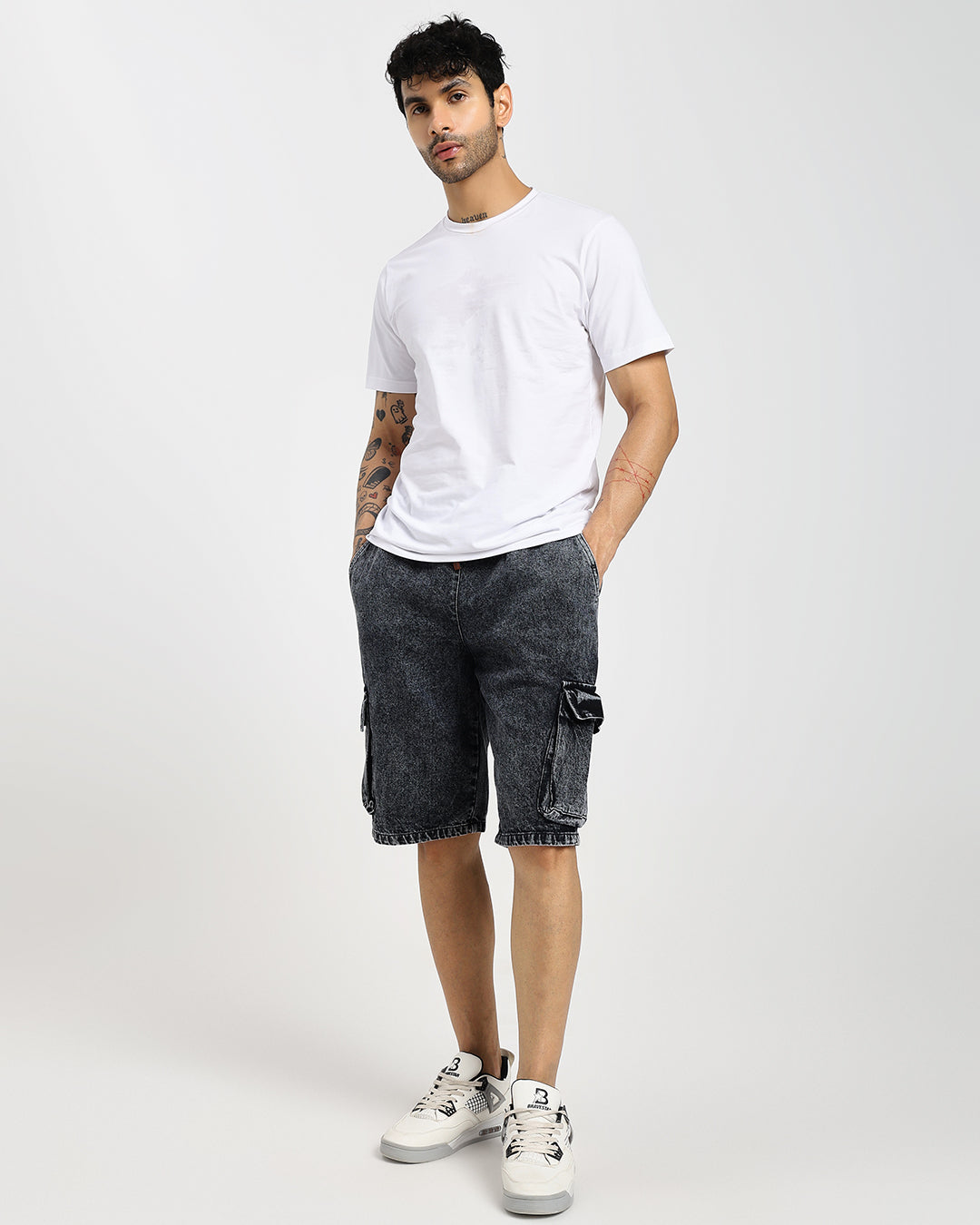 Acid-wash black cargo denim shorts