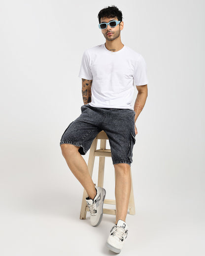 Acid-wash black cargo denim shorts