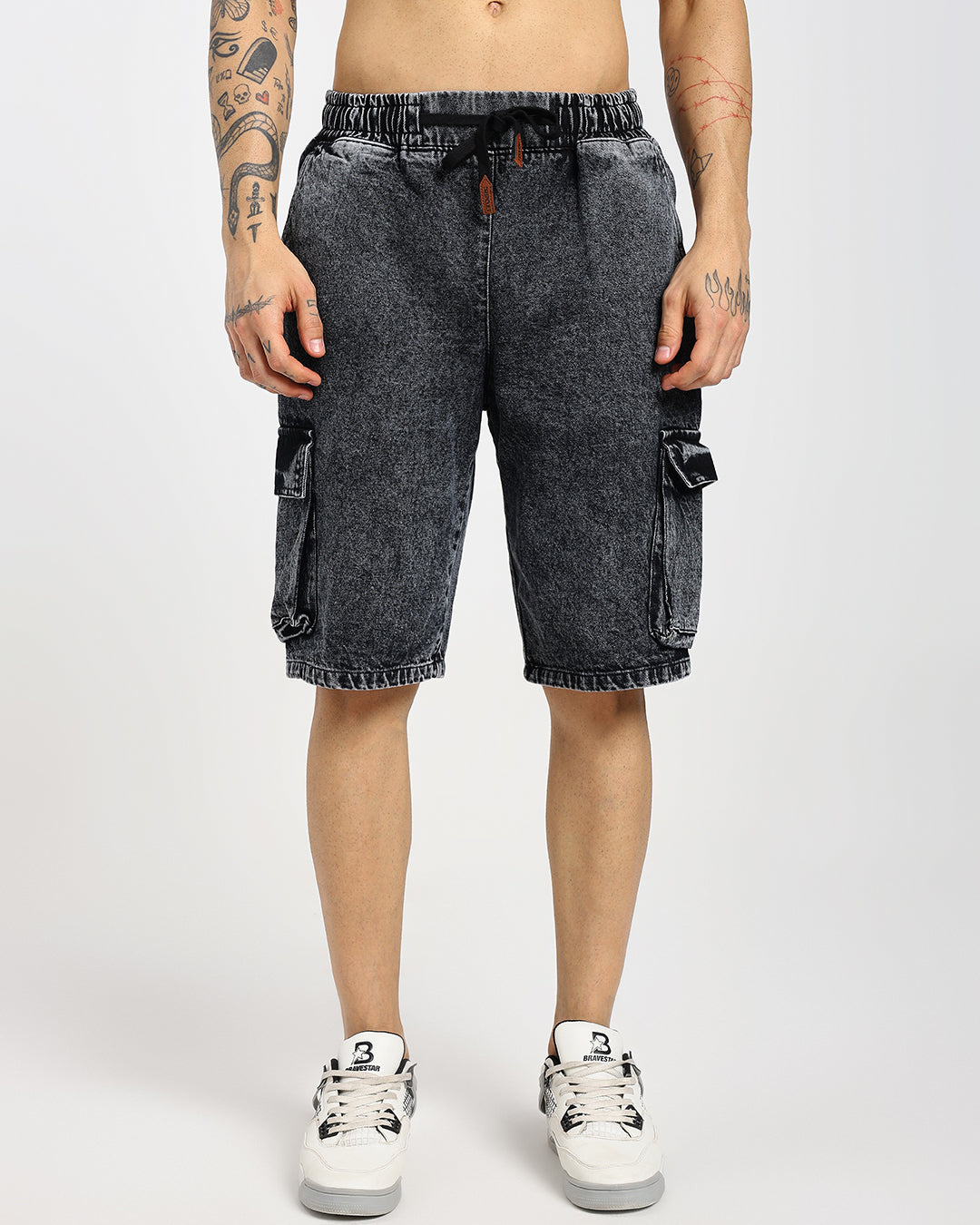 Acid-wash black cargo denim shorts