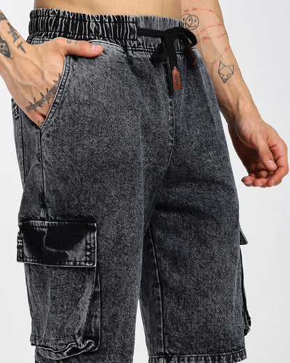 Acid-wash black cargo denim shorts