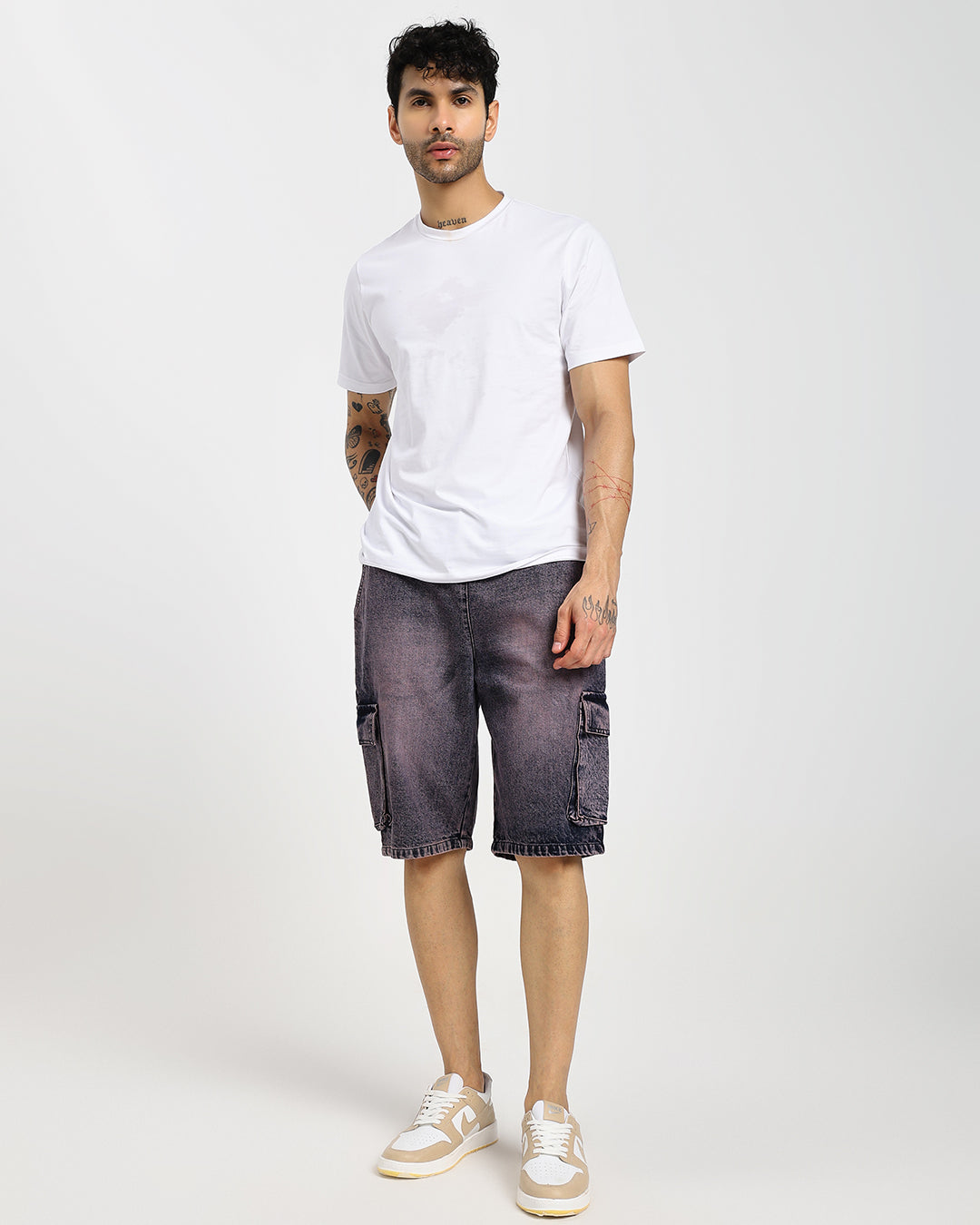 Acid-wash dregs cargo denim shorts