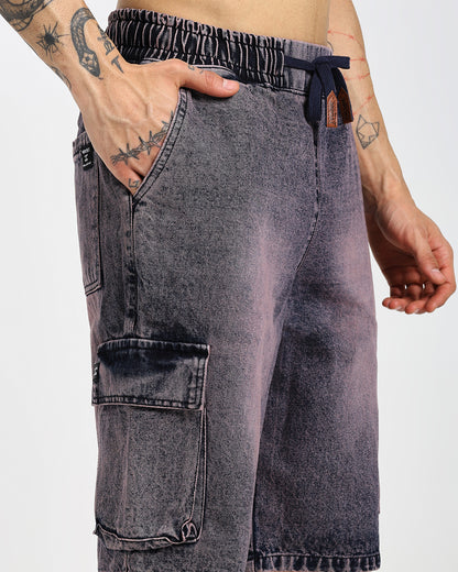 Acid-wash dregs cargo denim shorts