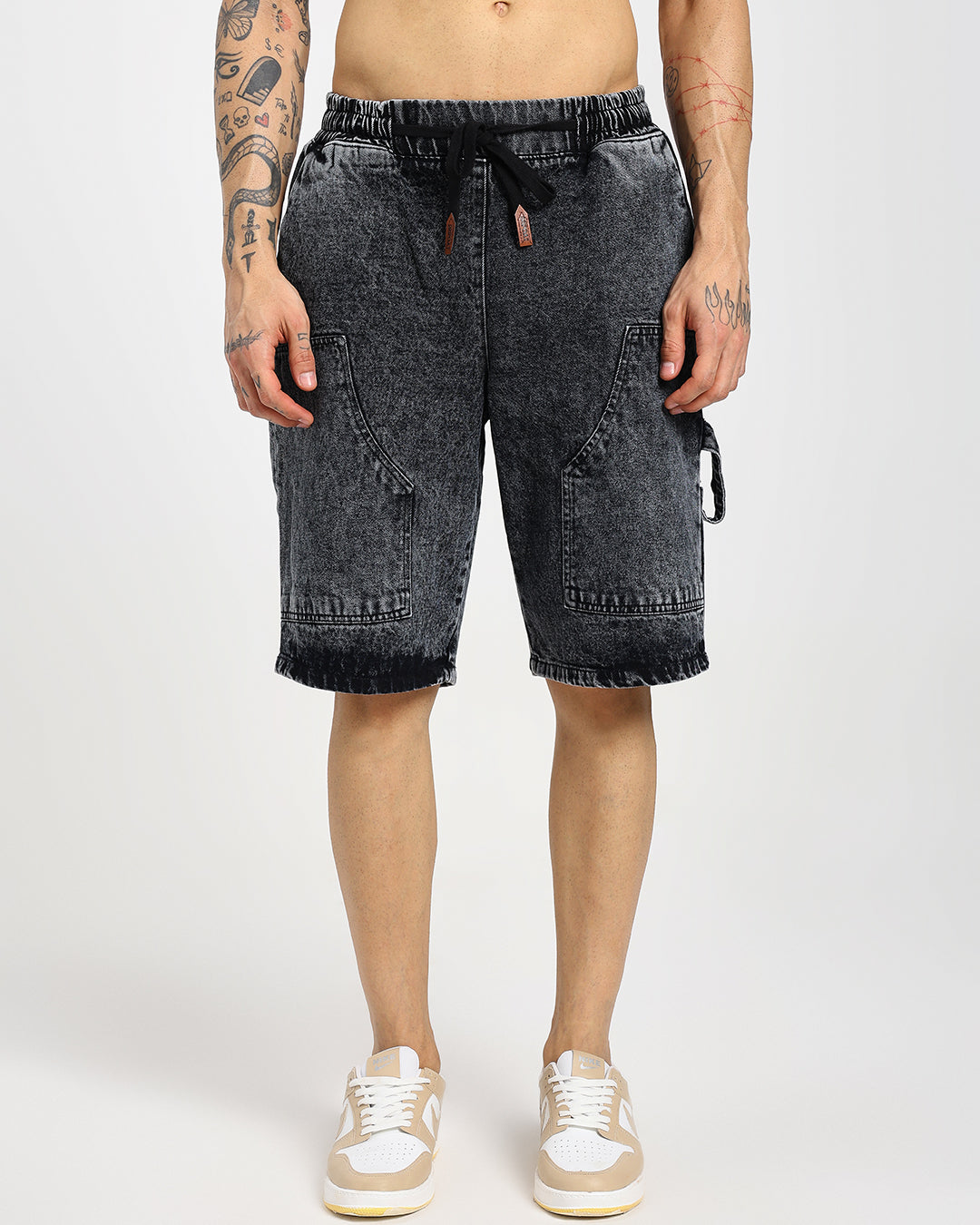 Acid-Wash Black Carp Denim Shorts