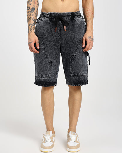 Acid-Wash Black Carp Denim Shorts