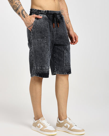 Acid-Wash Black Carp Denim Shorts