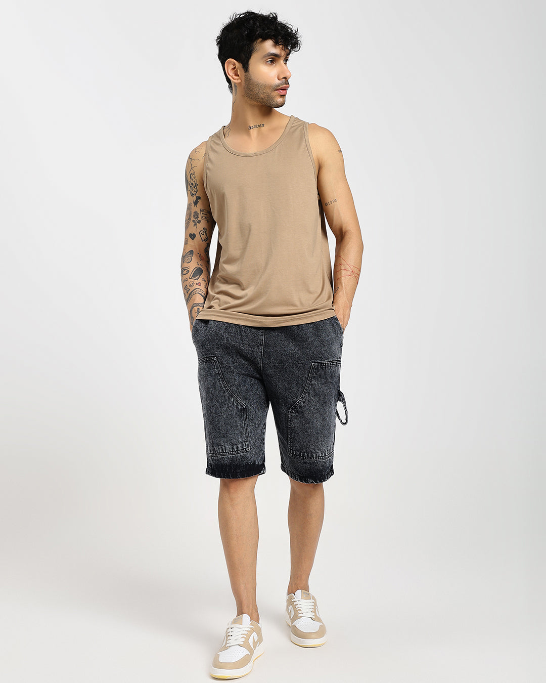 Acid-Wash Black Carp Denim Shorts