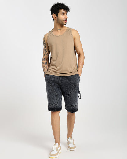 Acid-Wash Black Carp Denim Shorts