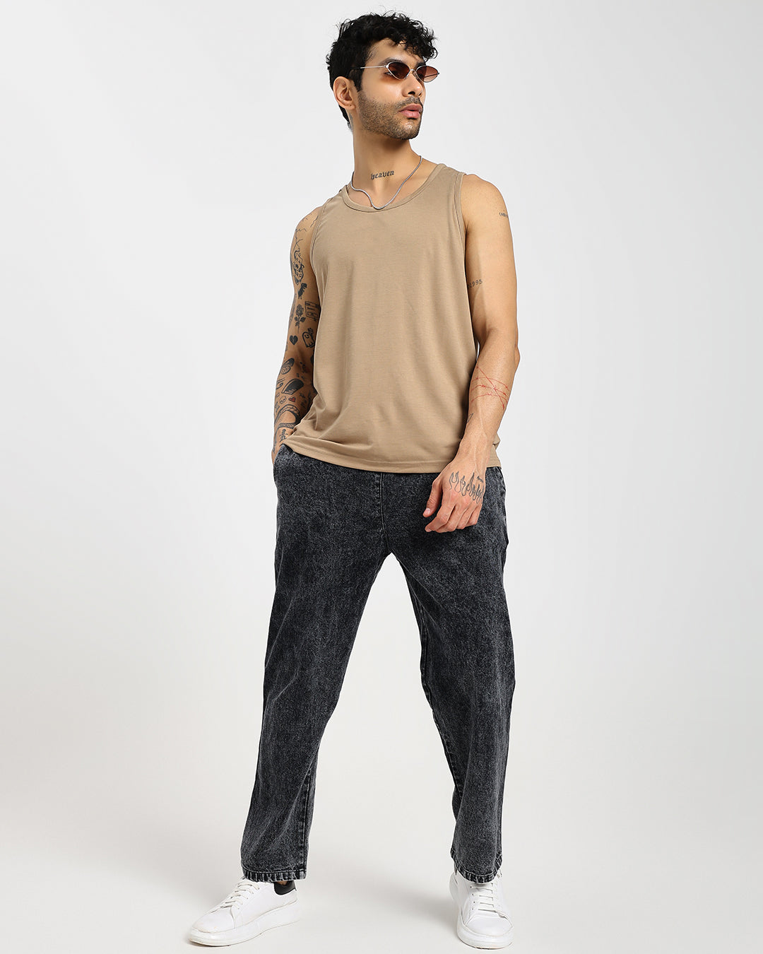 Acid-wash straight black denim pants