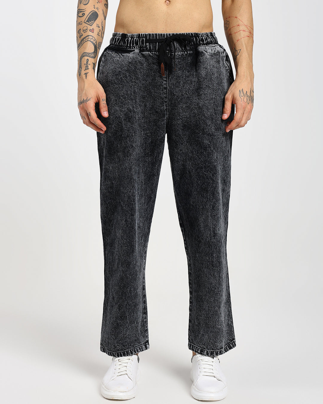 Acid-wash straight black denim pants