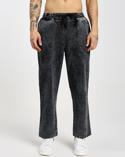 Acid-wash straight black denim pants