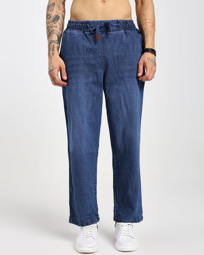 Acid-wash straight blue denim pants