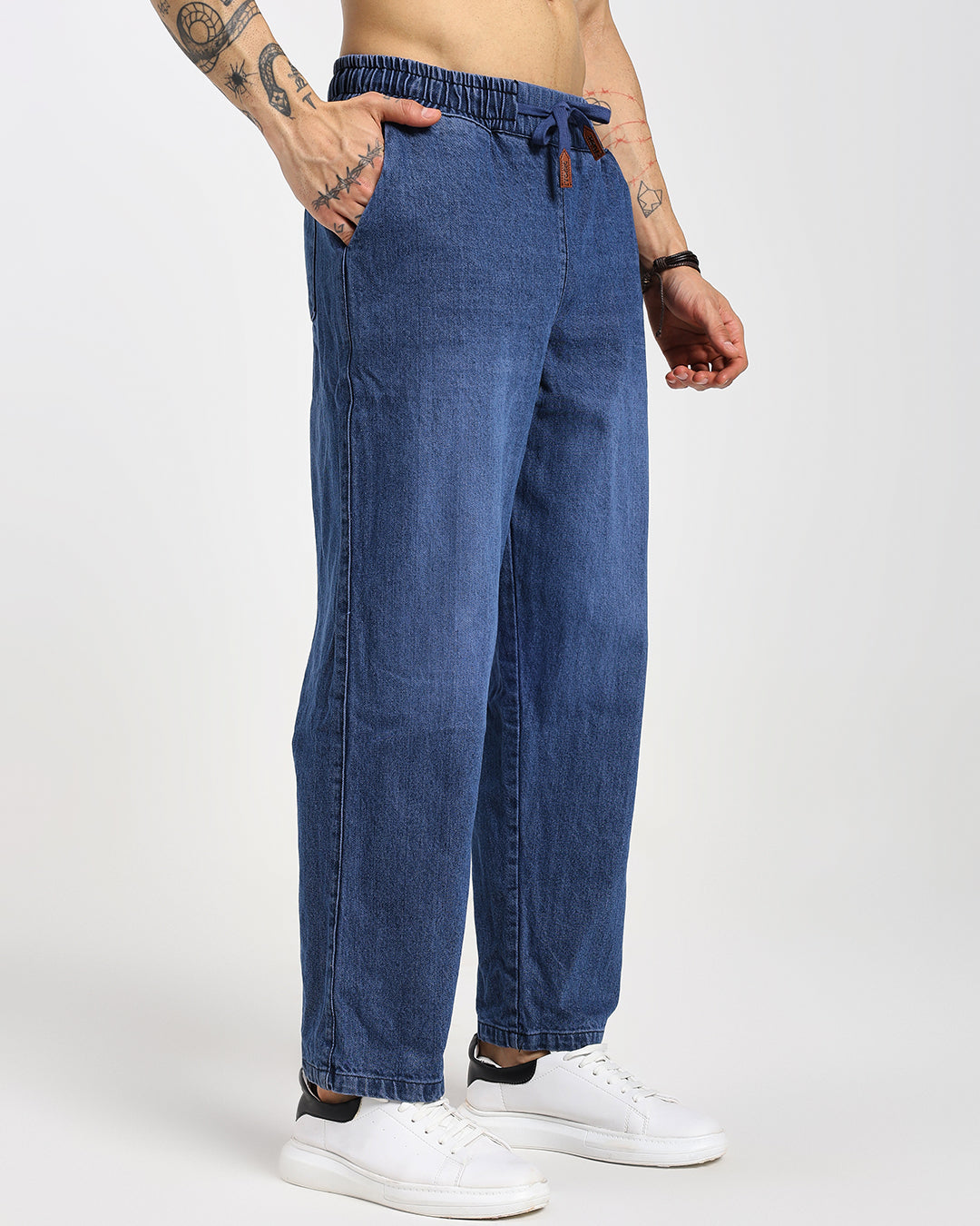 Acid-wash straight blue denim pants