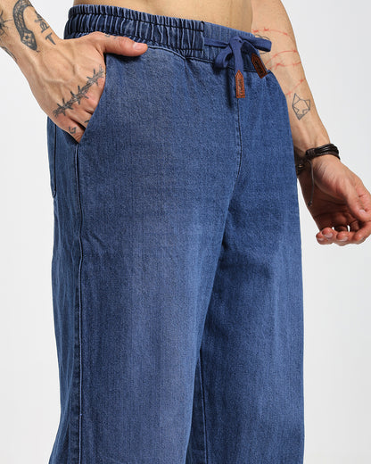 Acid-wash straight blue denim pants