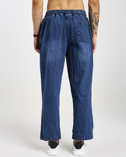 Acid-wash straight blue denim pants