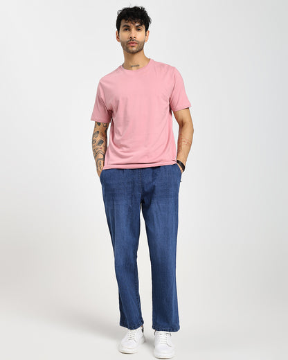Acid-wash straight blue denim pants